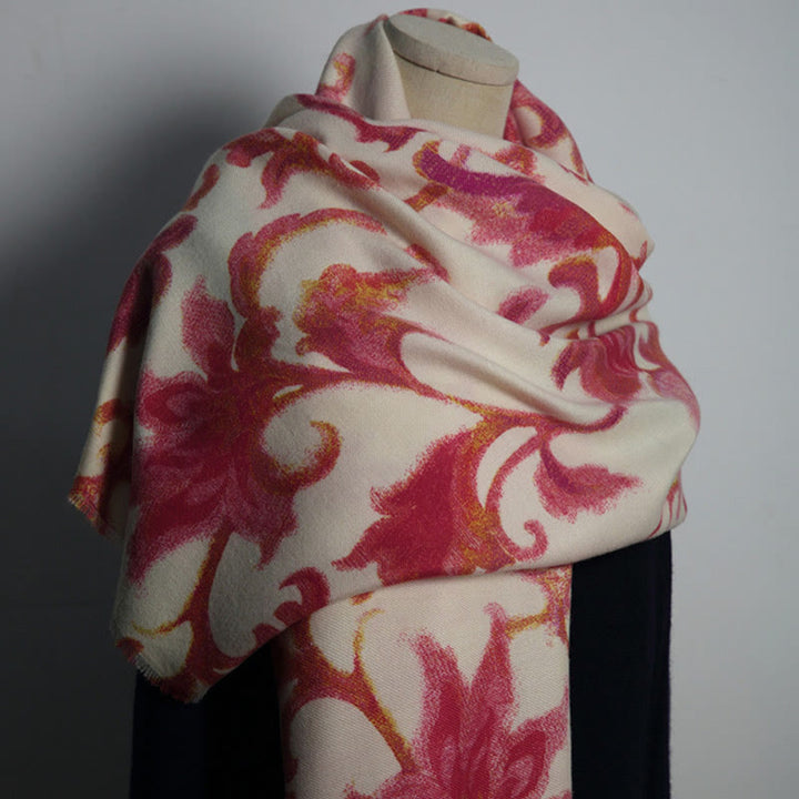 Chal con estampado de flores rojas tibetanas y Buddha Stones para otoño e invierno, suave y cálido - Beige Rojo 192*65cm - image 0
