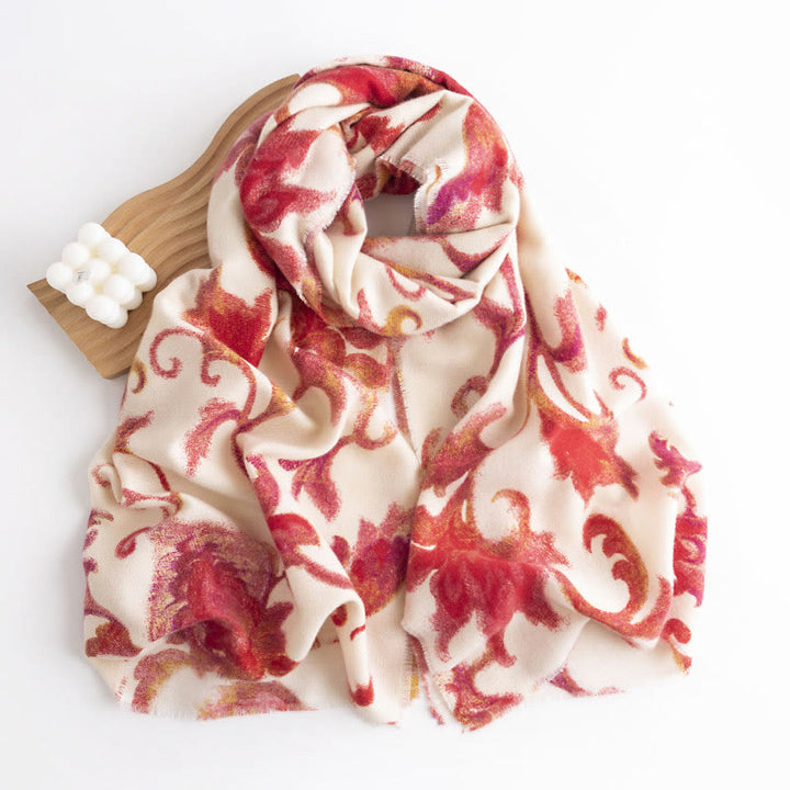 Chal con estampado de flores rojas tibetanas y Buddha Stones para otoño e invierno, suave y cálido