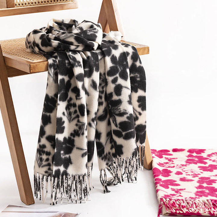 Chal con borlas y estampado de ramas de flores de rosas tibetanas con Buddha Stones para otoño e invierno, bufanda suave y cálida