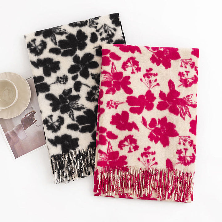 Chal con borlas y estampado de ramas de flores de rosas tibetanas con Buddha Stones para otoño e invierno, bufanda suave y cálida