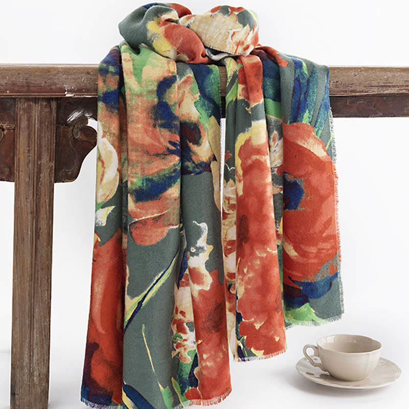 Chal con estampado de flores y pintura de tinta retro china tibetana con Buddha Stones, bufanda cálida y acogedora para otoño e invierno