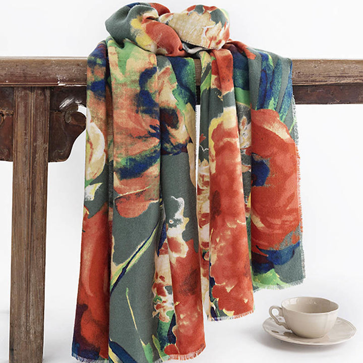 Chal con estampado de flores y pintura de tinta retro china tibetana con Buddha Stones, bufanda cálida y acogedora para otoño e invierno