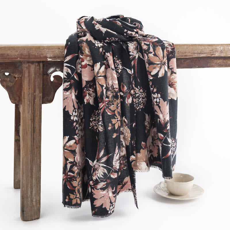 Chal con estampado de flores de crisantemo tibetano , Buddha Stones , rosa, otoño e invierno, suave y cálido - Negro 190*65 cm - image 0