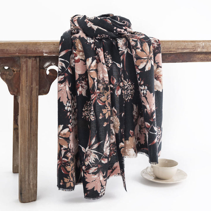 Chal con estampado de flores de crisantemo tibetano , Buddha Stones , rosa, otoño e invierno, suave y cálido - Negro 190*65 cm - image 0