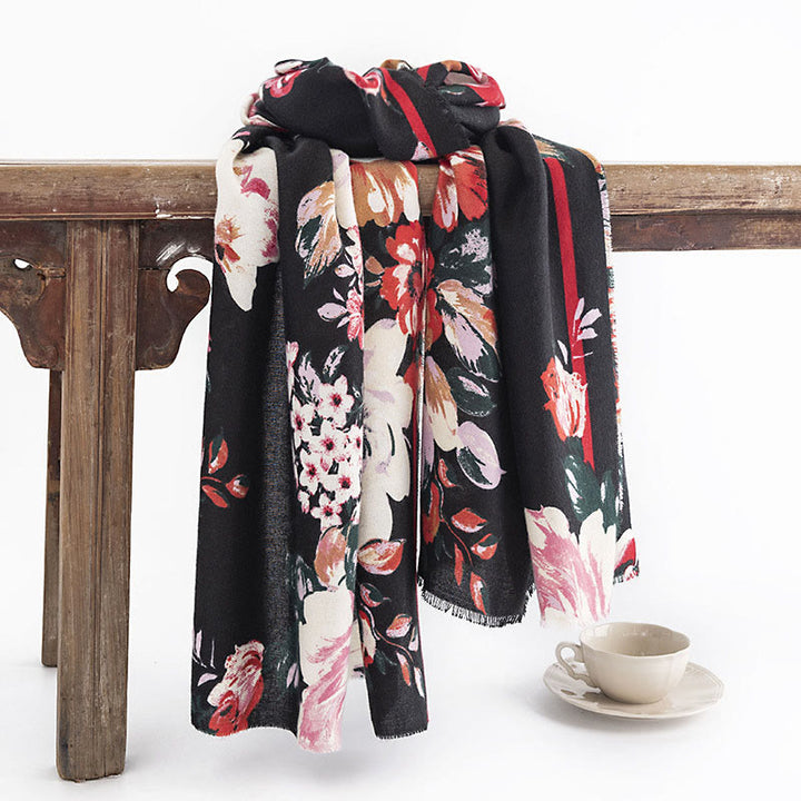Chal con estampado de flores de peonía y rosas tibetanas con Buddha Stones, bufanda cálida y acogedora para otoño e invierno