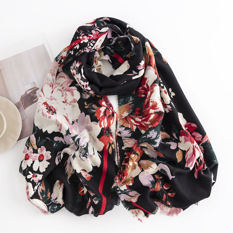 Chal con estampado de flores de peonía y rosas tibetanas con Buddha Stones, bufanda cálida y acogedora para otoño e invierno