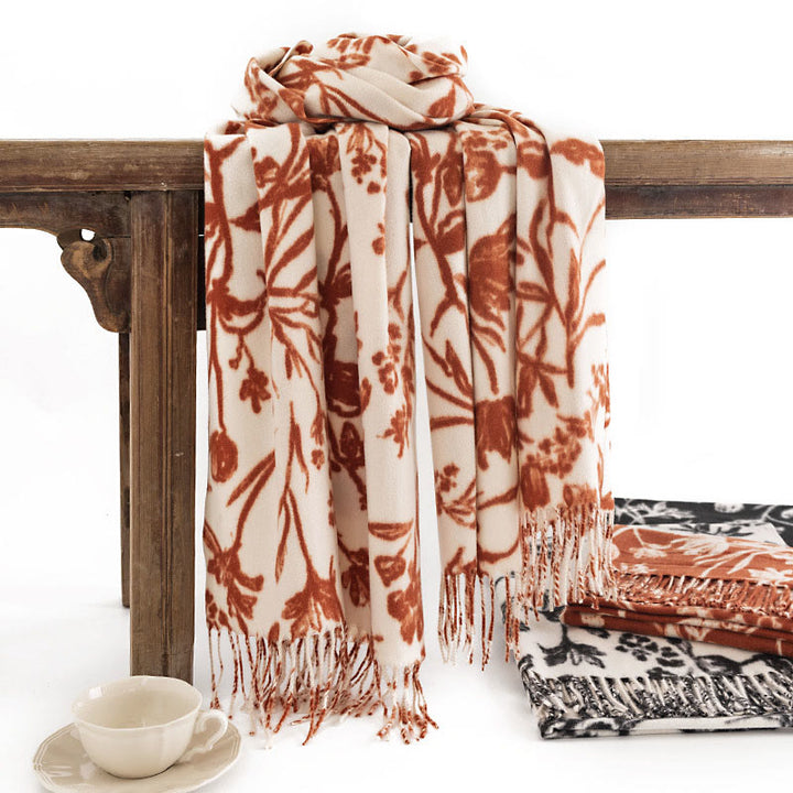 Chal tibetano con Buddha Stones y estampado de ramas de flores florecientes, borlas, bufanda cálida y acogedora para otoño e invierno - Beige 180*65 cm - image 0