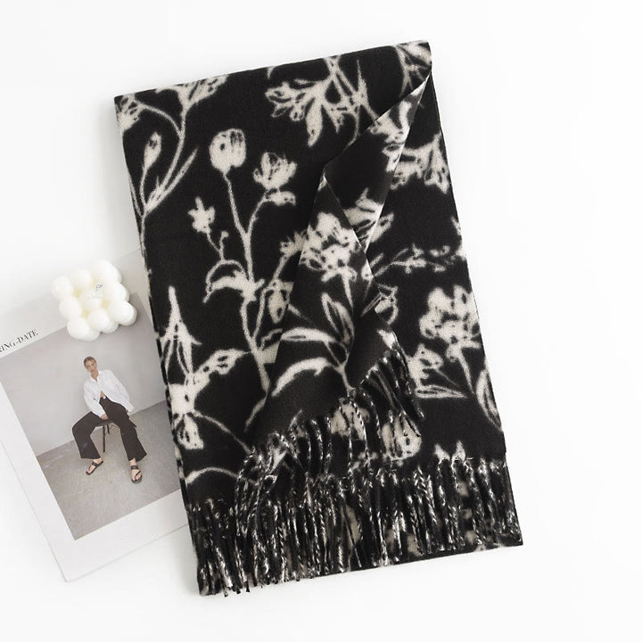 Chal tibetano con Buddha Stones y estampado de ramas de flores florecientes, borlas, bufanda cálida y acogedora para otoño e invierno - Flor negra hacia arriba 180*65 cm - image 3