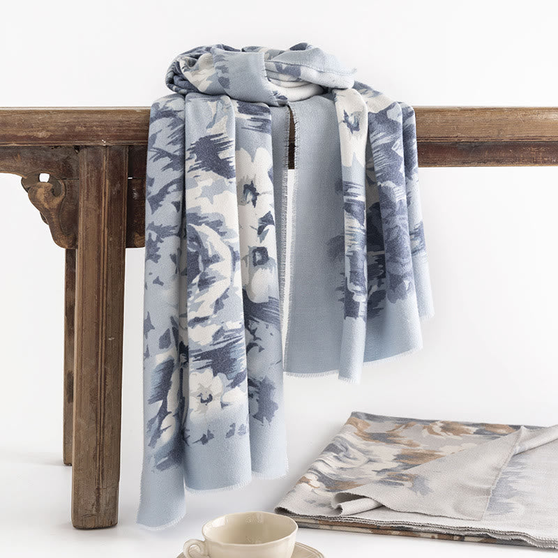Chal tibetano con Buddha Stones , estampado étnico retro de rosas, bufanda cálida y acogedora para otoño e invierno - Azul claro 180*60 cm - image 0