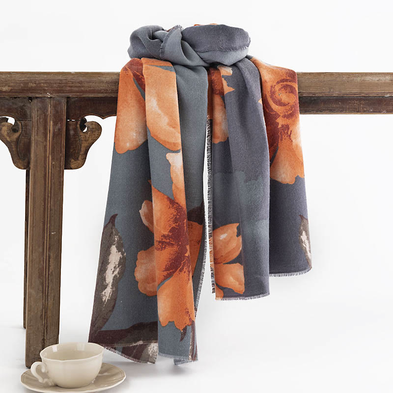Chal tibetano con Buddha Stones , estilo artístico, estampado de hibisco sirio, bufanda cálida y acogedora para otoño e invierno - Azul acero 190*55 cm - image 0