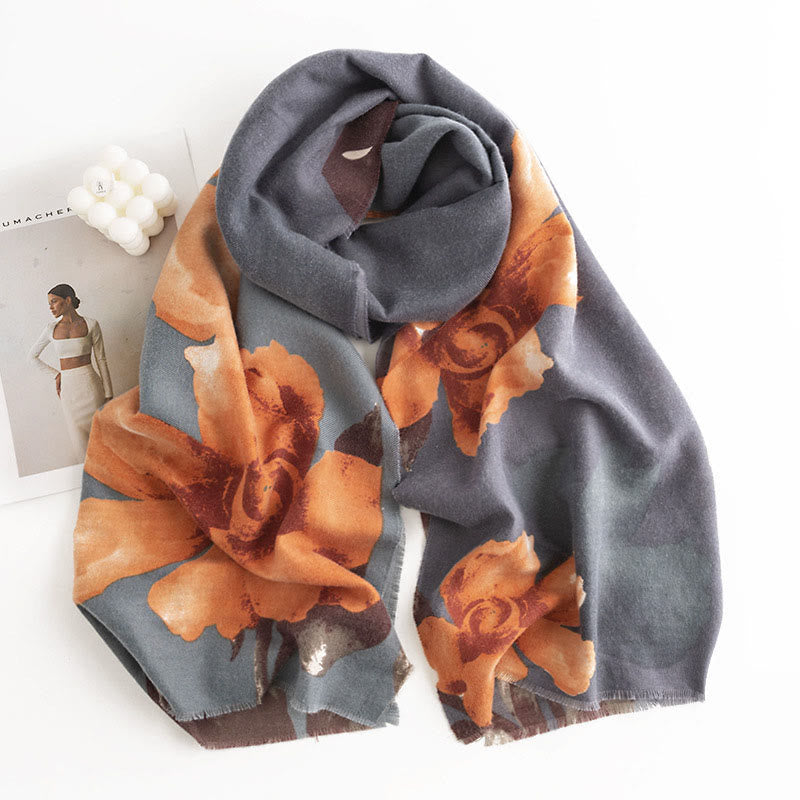 Chal tibetano con Buddha Stones , estilo artístico, estampado de hibisco sirio, bufanda cálida y acogedora para otoño e invierno