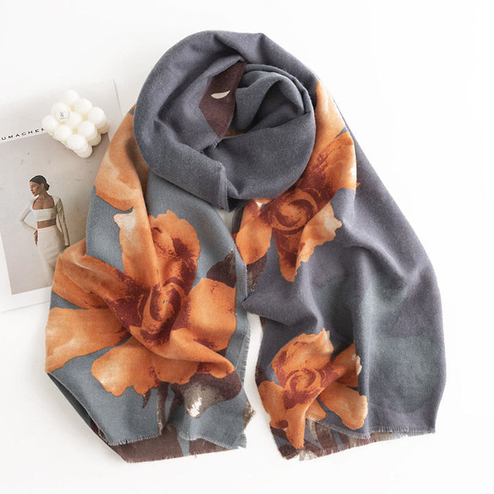 Chal tibetano con Buddha Stones , estilo artístico, estampado de hibisco sirio, bufanda cálida y acogedora para otoño e invierno