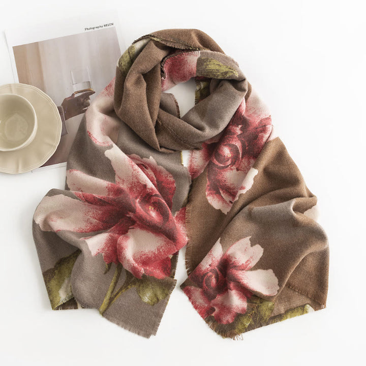 Chal tibetano con Buddha Stones , estilo artístico, estampado de hibisco sirio, bufanda cálida y acogedora para otoño e invierno - Vara de oro oscuro 190*55 cm - image 9