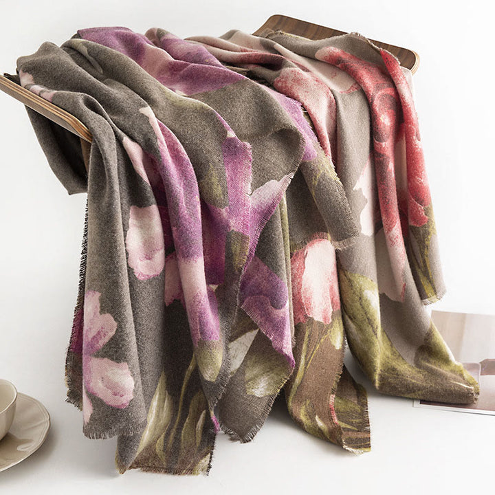 Chal tibetano con Buddha Stones , estilo artístico, estampado de hibisco sirio, bufanda cálida y acogedora para otoño e invierno