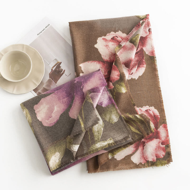 Chal tibetano con Buddha Stones , estilo artístico, estampado de hibisco sirio, bufanda cálida y acogedora para otoño e invierno