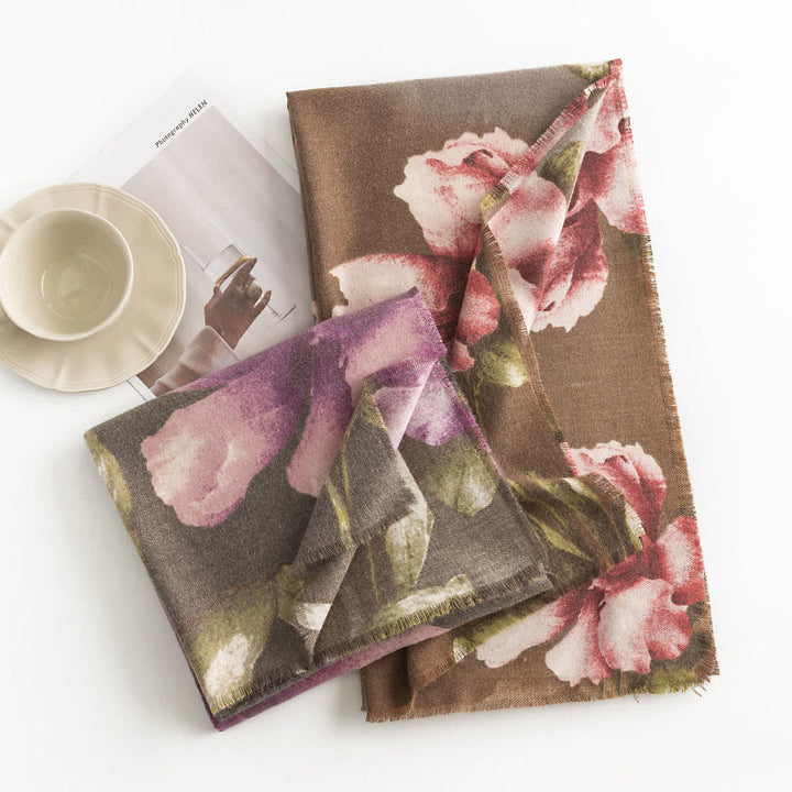 Chal tibetano con Buddha Stones , estilo artístico, estampado de hibisco sirio, bufanda cálida y acogedora para otoño e invierno