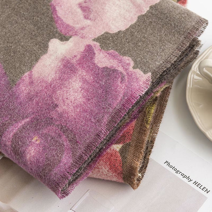 Chal tibetano con Buddha Stones , estilo artístico, estampado de hibisco sirio, bufanda cálida y acogedora para otoño e invierno