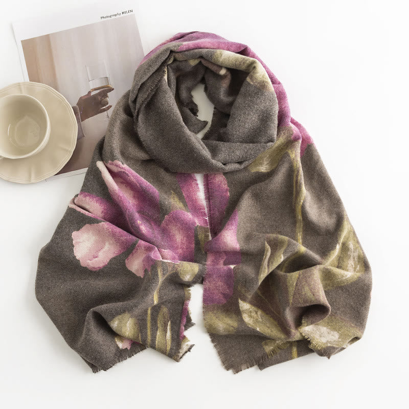 Chal tibetano con Buddha Stones , estilo artístico, estampado de hibisco sirio, bufanda cálida y acogedora para otoño e invierno
