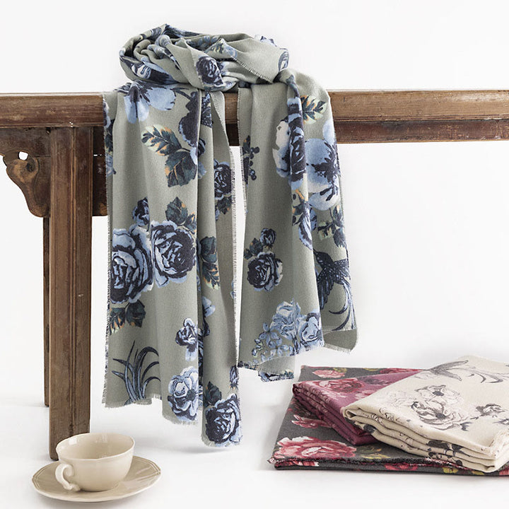 Chal tibetano con Buddha Stones , estilo jardín, estampado de flores de rosas, bufanda suave y cálida para otoño e invierno