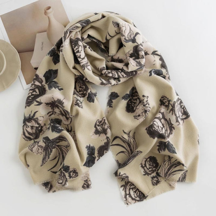 Chal tibetano con Buddha Stones , estilo jardín, estampado de flores de rosas, bufanda suave y cálida para otoño e invierno