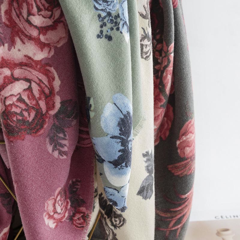 Chal tibetano con Buddha Stones , estilo jardín, estampado de flores de rosas, bufanda suave y cálida para otoño e invierno