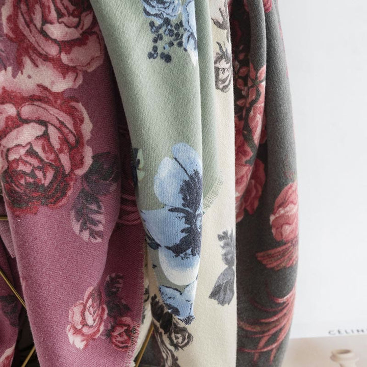 Chal tibetano con Buddha Stones , estilo jardín, estampado de flores de rosas, bufanda suave y cálida para otoño e invierno