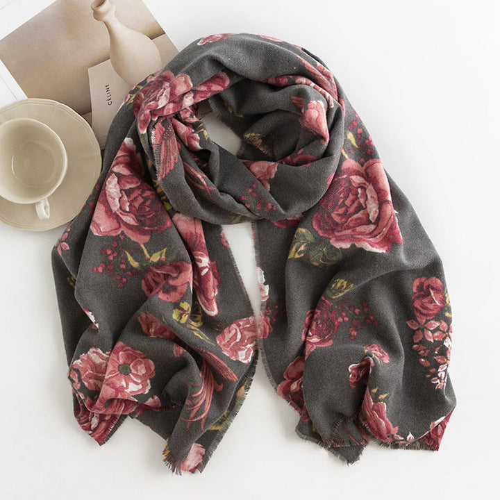 Chal tibetano con Buddha Stones , estilo jardín, estampado de flores de rosas, bufanda suave y cálida para otoño e invierno