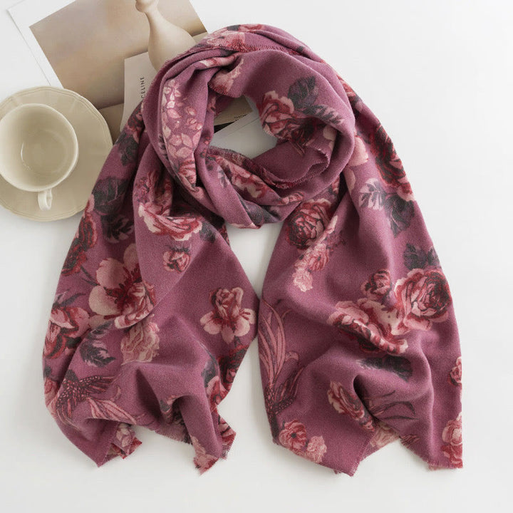 Chal tibetano con Buddha Stones , estilo jardín, estampado de flores de rosas, bufanda suave y cálida para otoño e invierno