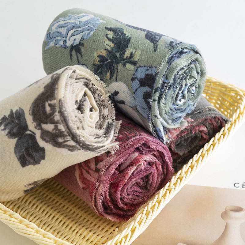 Chal tibetano con Buddha Stones , estilo jardín, estampado de flores de rosas, bufanda suave y cálida para otoño e invierno