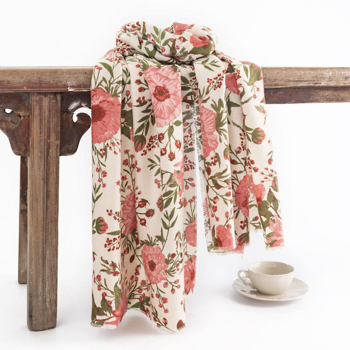 Chal tibetano con Buddha Stones, elegante, estilo dulce, estampado de hojas y flores grandes, suave y cálido para otoño e invierno