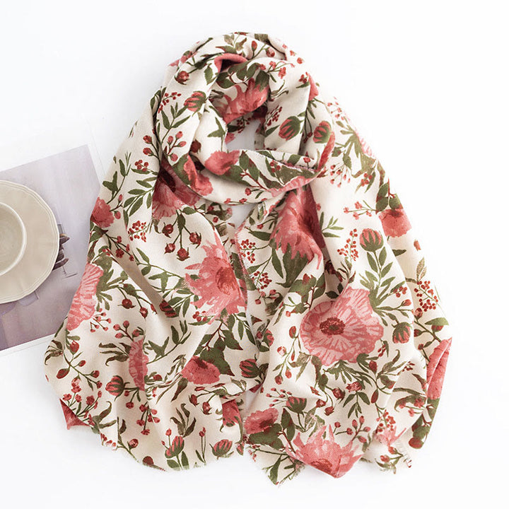 Chal tibetano con Buddha Stones, elegante, estilo dulce, estampado de hojas y flores grandes, suave y cálido para otoño e invierno