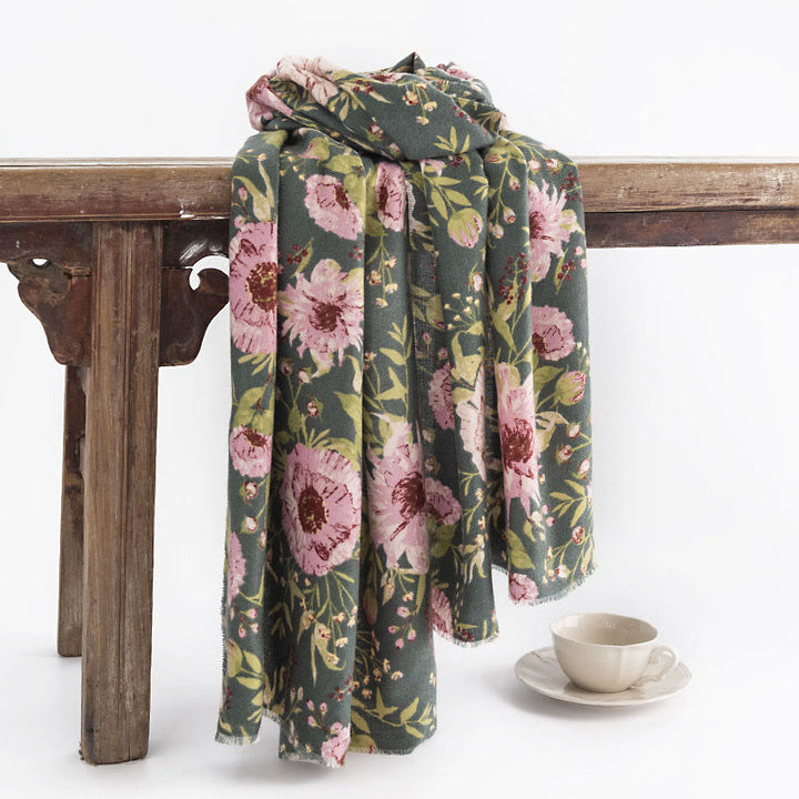 Chal tibetano con Buddha Stones , estampado de hojas exuberantes y flores florecientes, bufanda suave y cálida para otoño e invierno