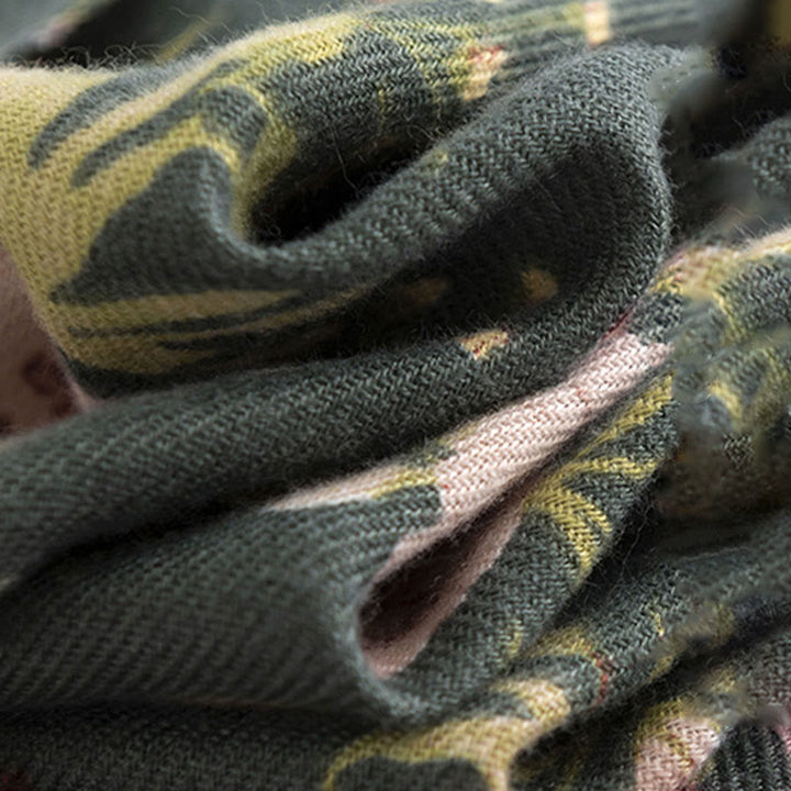 Chal tibetano con Buddha Stones , estampado de hojas exuberantes y flores florecientes, bufanda suave y cálida para otoño e invierno