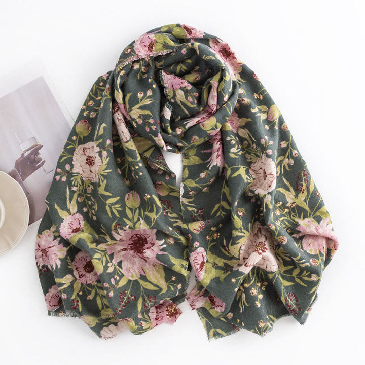 Chal tibetano con Buddha Stones , estampado de hojas exuberantes y flores florecientes, bufanda suave y cálida para otoño e invierno