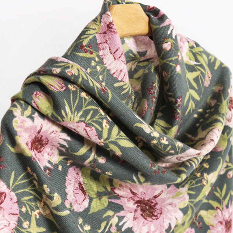 Chal tibetano con Buddha Stones , estampado de hojas exuberantes y flores florecientes, bufanda suave y cálida para otoño e invierno