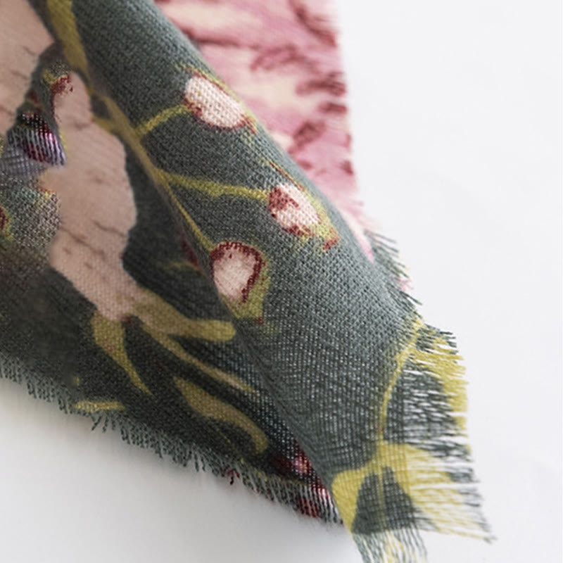 Chal tibetano con Buddha Stones , estampado de hojas exuberantes y flores florecientes, bufanda suave y cálida para otoño e invierno