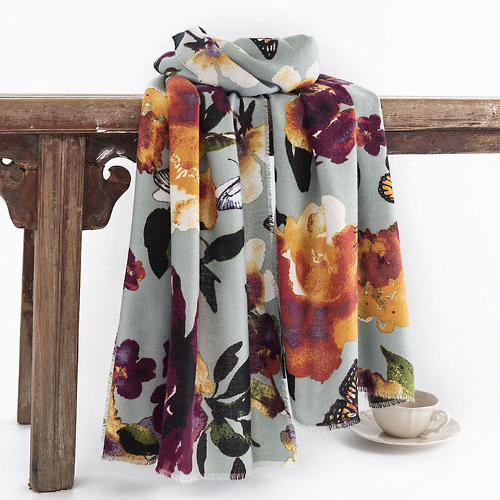 Chal con estampado de flores y mariposas coloridas tibetanas con Buddha Stones, bufanda suave y cálida para otoño e invierno - Azul polvo 190*65 cm - image 0