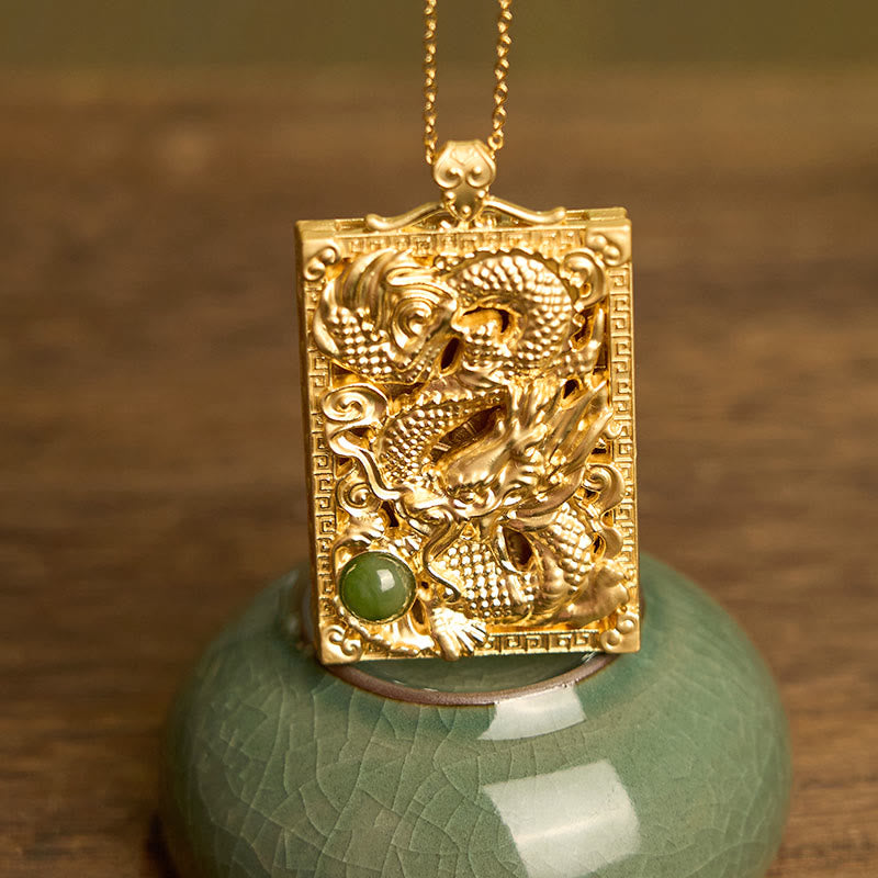 Collar con colgante de jade hetiano de cobre bañado en oro y Buddha Stones con forma de dragón - image 2