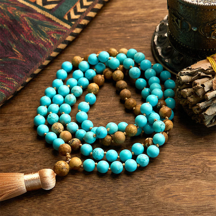 Pulsera de equilibrio con borlas y cuentas de jaspe con imagen turquesa y 108 cuentas de mala de Buddha Stones