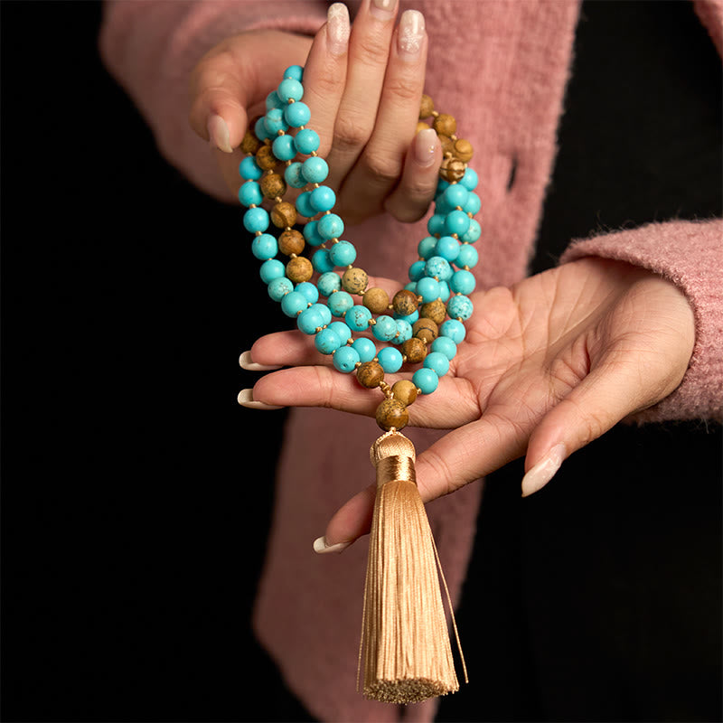 Pulsera de equilibrio con borlas y cuentas de jaspe con imagen turquesa y 108 cuentas de mala de Buddha Stones