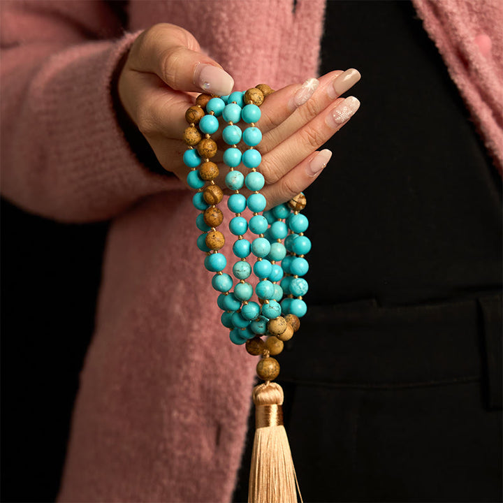 Pulsera de equilibrio con borlas y cuentas de jaspe con imagen turquesa y 108 cuentas de mala de Buddha Stones