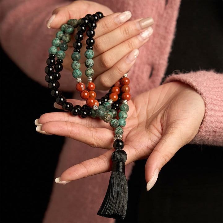Pulsera de protección con Buddha Stones, 108 cuentas de ónix negro natural, jaspe rojo y turquesa, Mala
