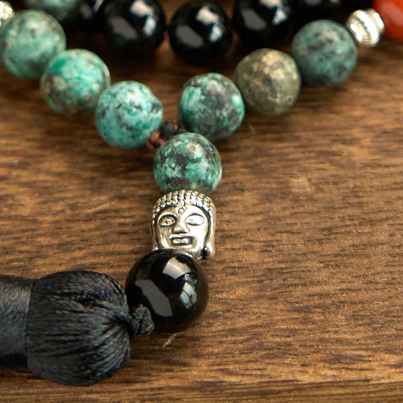 Pulsera de protección con Buddha Stones, 108 cuentas de ónix negro natural, jaspe rojo y turquesa, Mala