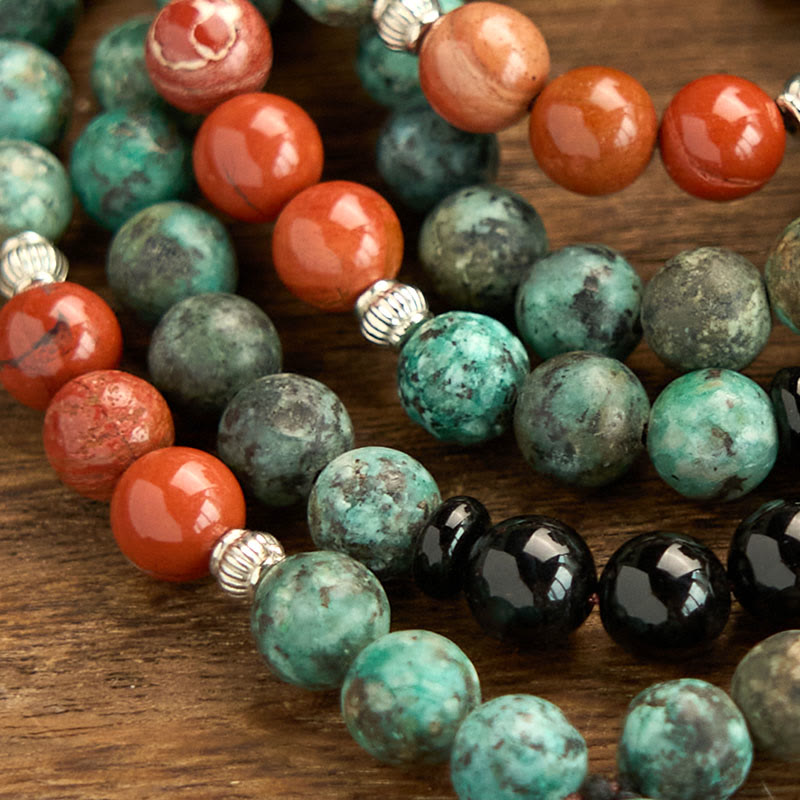 Pulsera de protección con Buddha Stones, 108 cuentas de ónix negro natural, jaspe rojo y turquesa, Mala