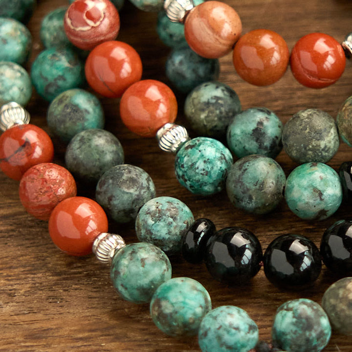 Pulsera de protección con Buddha Stones, 108 cuentas de ónix negro natural, jaspe rojo y turquesa, Mala
