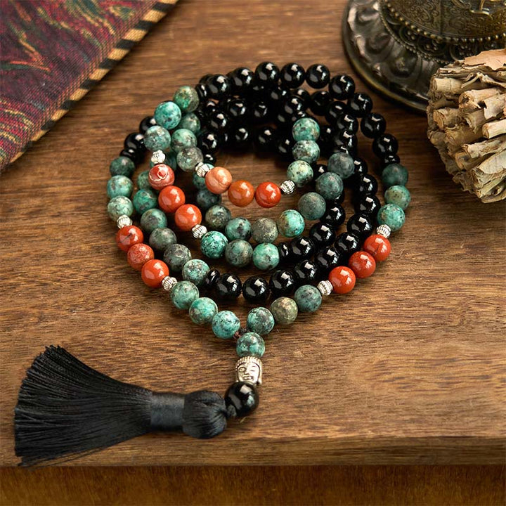 Pulsera de protección con Buddha Stones, 108 cuentas de ónix negro natural, jaspe rojo y turquesa, Mala