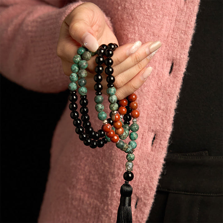 Pulsera de protección con Buddha Stones, 108 cuentas de ónix negro natural, jaspe rojo y turquesa, Mala