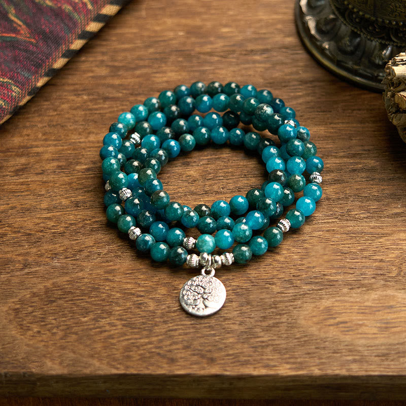 Buddha Stones con 108 cuentas de mala y cuentas de apatita Om The Tree Of Life con diseño de loto