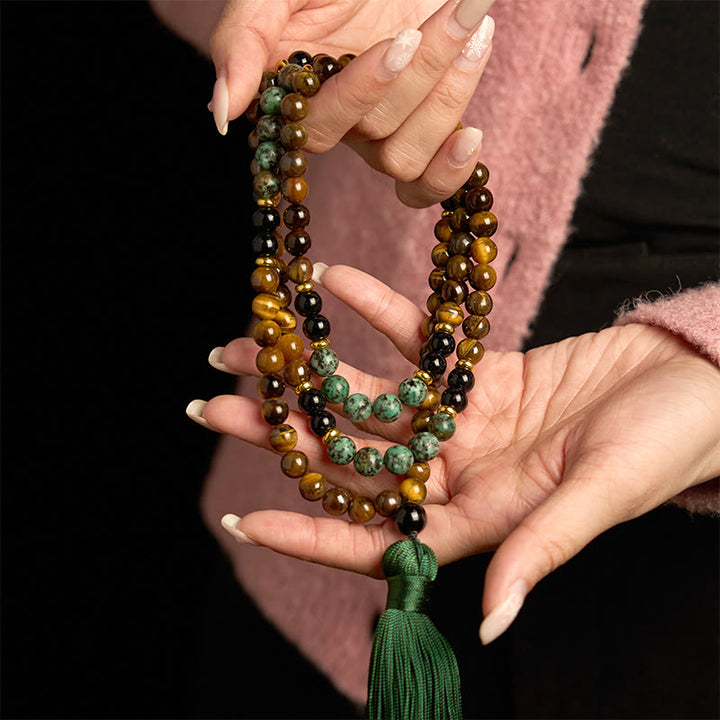 Pulsera de protección con borlas y cuentas de turquesa y ojo de tigre de piedra natural Mala 108 Buddha Stones