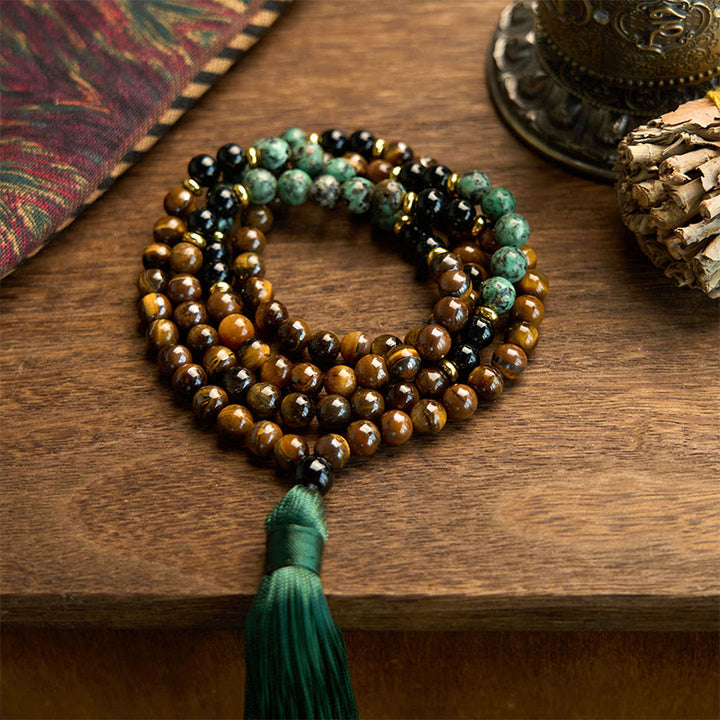 Pulsera de protección con borlas y cuentas de turquesa y ojo de tigre de piedra natural Mala 108 Buddha Stones